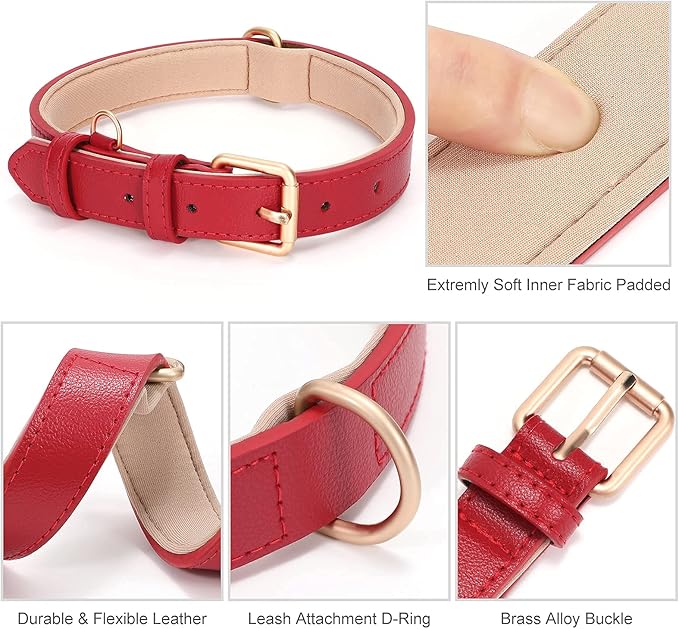 WHIPPY Leather Dog Collar for Small Medium Large Dog Adjustable Soft Breathable Leather Padded Puppy Collar with Alloy Buckle Heavy Duty Waterproof Classic Dog Pet Collar,red,S