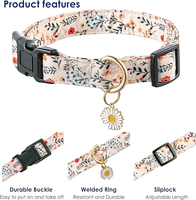 Cute Dogs Collar Beige Flower Patterns for Boys and Girls Holiday Dog Collars Summer Fall Gift Adjustable for Medium to Large Breed Dogs (M)