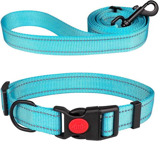 Reflective Dog Collar and Leash Set with Safety Locking Buckle Nylon Pet Collars Adjustable for Small Medium Large Dogs 3 Sizes(M)