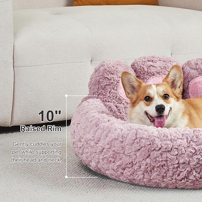 Jiupety Paw Shape Calming Pet Bed, Medium Plush Faux Fur Donut Bed for Dogs & Cats, Machine Washable, Non-Slip Bottom, Extra Large Size (32"×32"×10"), Purple