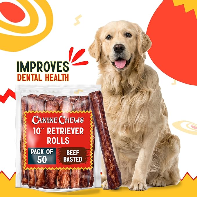 Canine Chews 10" Beef Basted Rawhide Bones for Large Dogs (50 Pack) - Hand-Rolled Dog Rawhide Chews Basted in Beef Broth - Beef Dog Rawhide Bones Promotes Dental Health - Hand-Rolled in Beef Broth