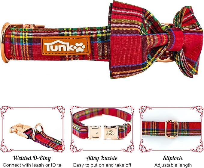 Tunkoo Dog Collar Christmas Plaid with Elegant Bow Tie Soft Comfy Cotton Adjustable Collar, Premium Metal Buckle for Puppy and Cat Small Medium Large（Red Plaid，M）