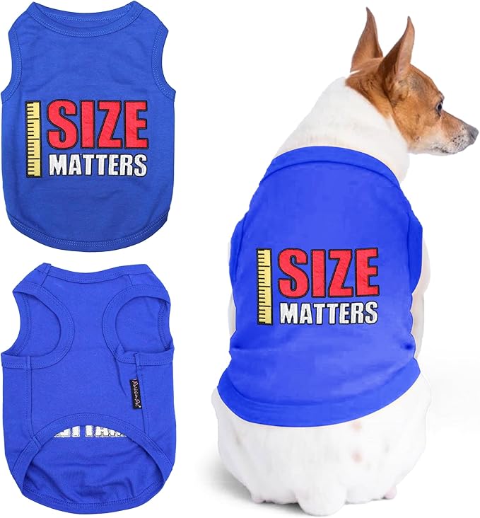 Parisian Pet Dog Tshirt - Embroidered “ Size Matters “ Dogs Apparel - Pure Cotton and Lightweight Doggy Clothes - Sleeveless Dog Tee Shirts - Machine Washable Shirts for Small Dogs - XXS