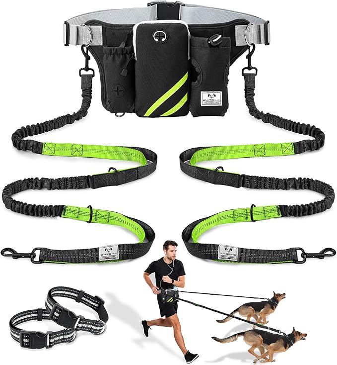 SHINE HAI Retractable Hands Free Dog Leash with Dual Bungees for 2 Dogs, Adjustable Waist Belt, Reflective Stitching Leash for Running Walking Hiking Jogging Biking Black - Green