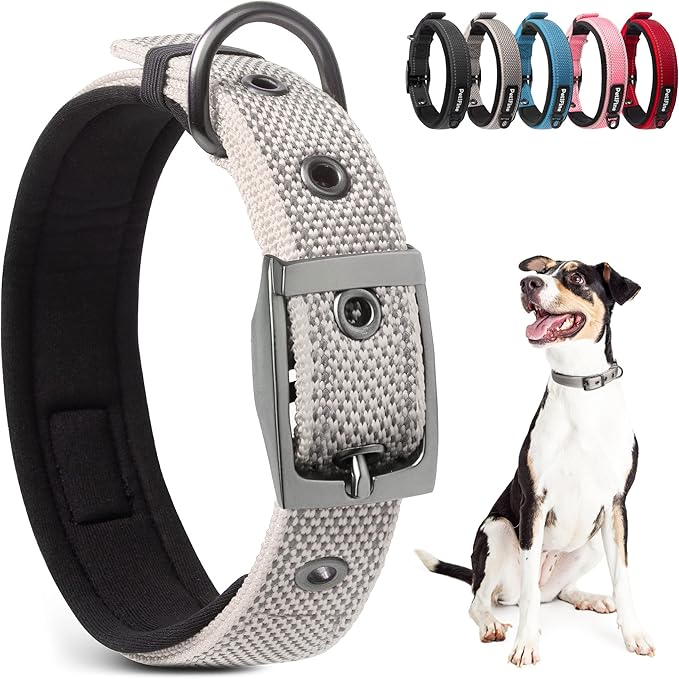 PetiFine Neoprene Padded Dog Collar, Heavy Duty Comfort Dog Collar with Durable Metal Buckle, Reflective Adjustable Belt Buckle Dog Collars for Small Medium Large Dogs(14.5''-19'', Grey)