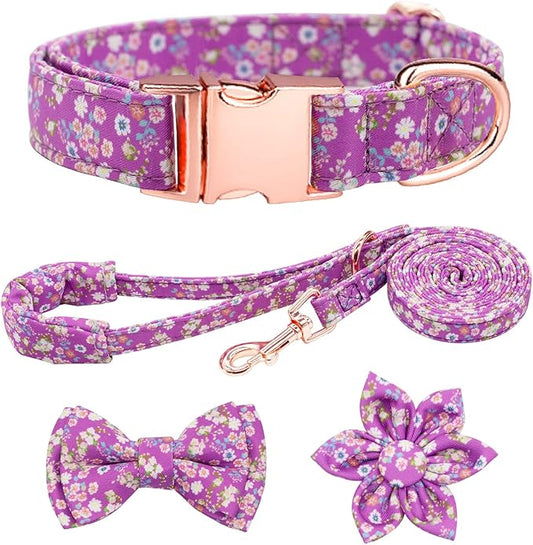 Dog Collar and Leash Set Girls Adjustable Puppy Collars with Floral Bow Tie for Small Medium Large Female Dogs, Purple, M