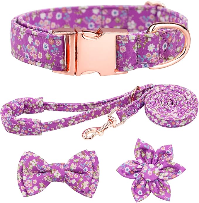 Dog Collar and Leash Set Girls Adjustable Puppy Collars with Floral Bow Tie for Small Medium Large Female Dogs, Purple, XS