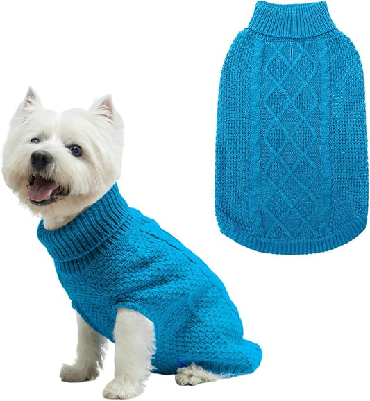Mihachi Turtleneck Dog Sweater - Winter Coat Apparel Classic Cable Knit Clothes with Leash Hole for Cold Weather, Ideal Gift for Pet in New Year Lake Blue