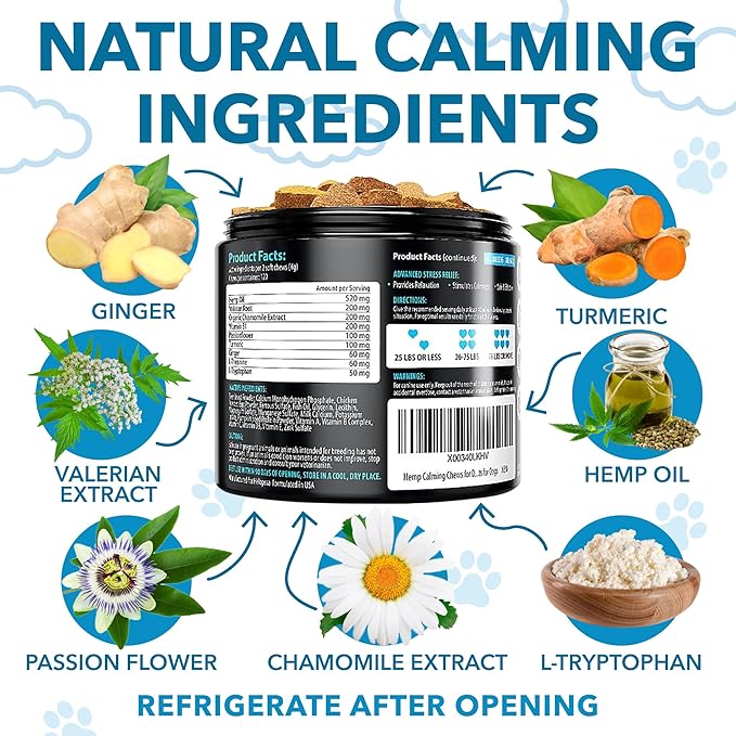 Hemp Calming Chews for Dogs with Anxiety and Stress - Anxiety Relief Chews for Storms, Fireworks, Thunder, Barking, Separation - Valerian, L-Tryptophan, Hemp Oil - Chicken - 120 Dog Calming Treats
