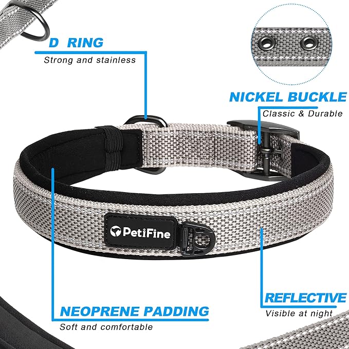 PetiFine Neoprene Padded Dog Collar, Heavy Duty Comfort Dog Collar with Durable Metal Buckle, Reflective Adjustable Belt Buckle Dog Collars for Small Medium Large Dogs(11”-14.5“, Grey)