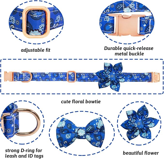 Dog Collar and Leash Set Girls Adjustable Puppy Collars with Floral Bow Tie for Small Medium Large Female Dogs, BluePaisley, M