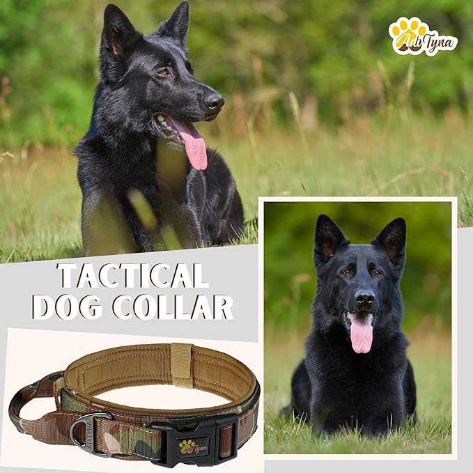 ADITYNA Tactical Dog Collar for Medium Dogs - Soft Padded, Heavy Duty, Service, Adjustable, Military, K9 Camo Medium Collar with Handle for Training and Walking