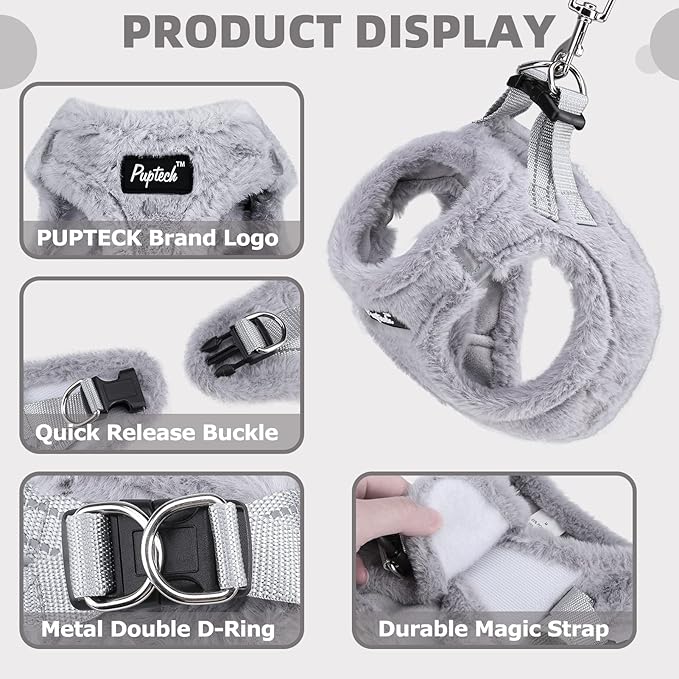 PUPTECK Adjustable Dog Harness Collar and Leash Set Step in No Pull Pet Harness for Small Medium Dogs Puppy and Cats Outdoor Walking Running, Soft Mesh Padded Reflective Vest Harnesses, Plush Grey XS