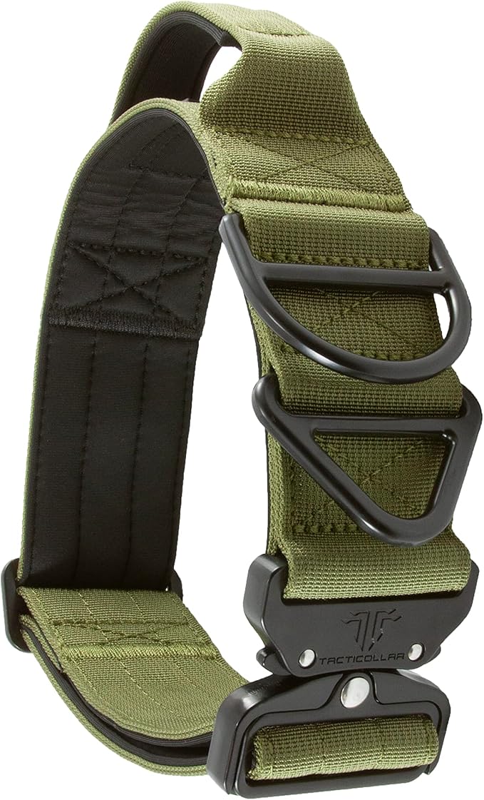 2 inch Tactical Dog Collar with Handle for Medium and Large Dogs, Mil Spec Nylon Collar, Quick-Release Metal Buckle, Neoprene Padded Inside (Large, Olive Green)