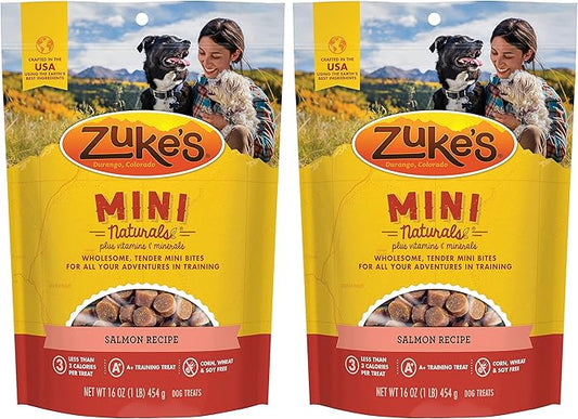 Zuke's Mini Naturals Dog Training Treats, Salmon Recipe, Soft Mini Dog Treats with Vitamins & Minerals, Made for All Breed Sizes (Salmon, 16 Ounce (Pack of 2)