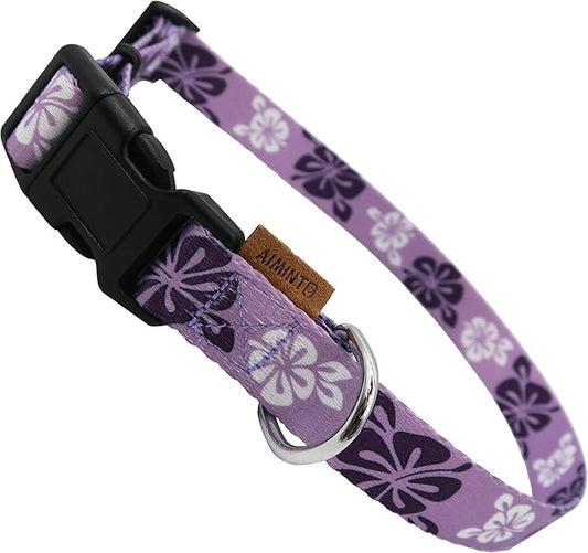 Dog Collar, Cute Floral Pattern, Soft and Adjustable Collar with Quick Release Buckle (L (Neck 16-28", Width 1"), Hawaiian Purple)