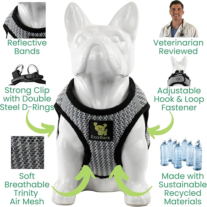 EcoBark Step in Dog Harness Reflective Soft Ultra Padded Mesh Dog Harnesses for Small, and Medium Breed Dogs Eco-Friendly Comfort Secure Halter No Pull Adjustable Pet Vest (Gray, XL)
