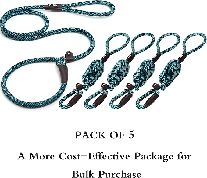 Fida Durable Heavy Duty Slip Leash Bulk Pack of 5, 6 FT Comfortable Strong Rope for Large, Medium & Small Dogs - No Pulling Pet Training Leash with Highly Reflective (Blue)