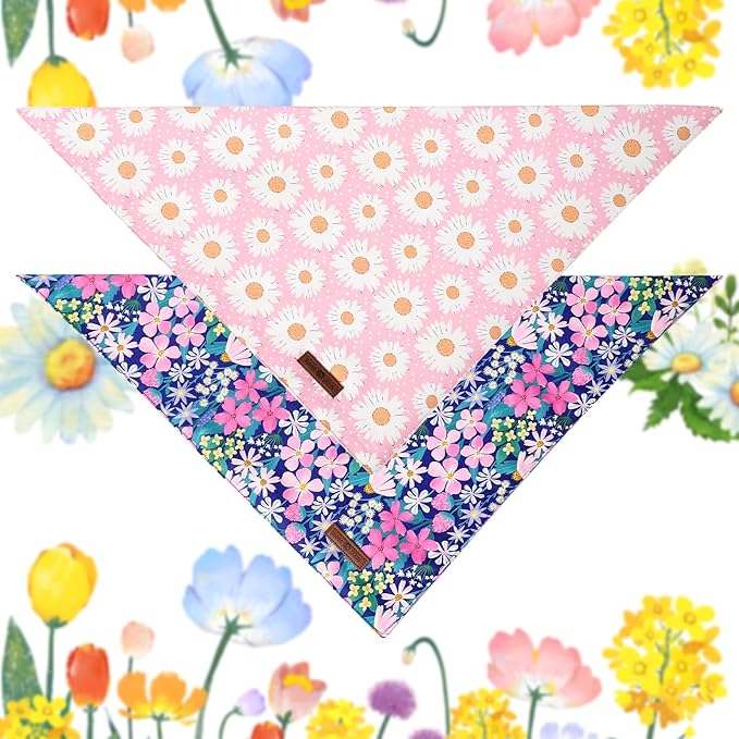 Lionet Paws Summer Floral 2pcs Dog Bandanas, Pink Daisy Dog Scarf Bib Premium Fabric, Blue Blossoms Bandanas for Medium Large Dogs Pets