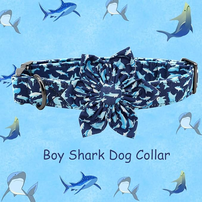 Elegant Little Tail Flower Shark Print Collar - Durable, Cute, Adjustable for Small Puppy & Dog