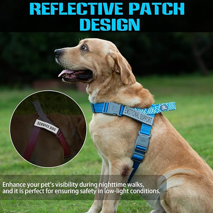 Service Dog Vest, No-Pull Service Dog Harness with 4 PCS Reflective Patches, Dog Vest Harness with Handle, Pet Harness for Small Medium Large Dogs in Training (Blue, L)