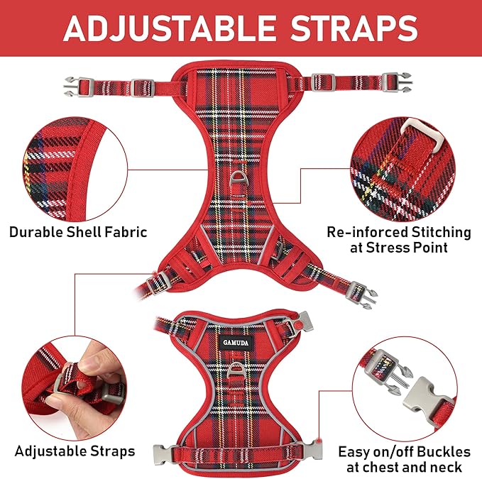 GAMUDA Dog Harness Collar and Leash Set, Dog Harness, No Chock No Pull Adjustable Vest Harnesses Plaid Reflective for Medium Dog, Cat, Small Horse, Small Bull and Pig (Red, XS)