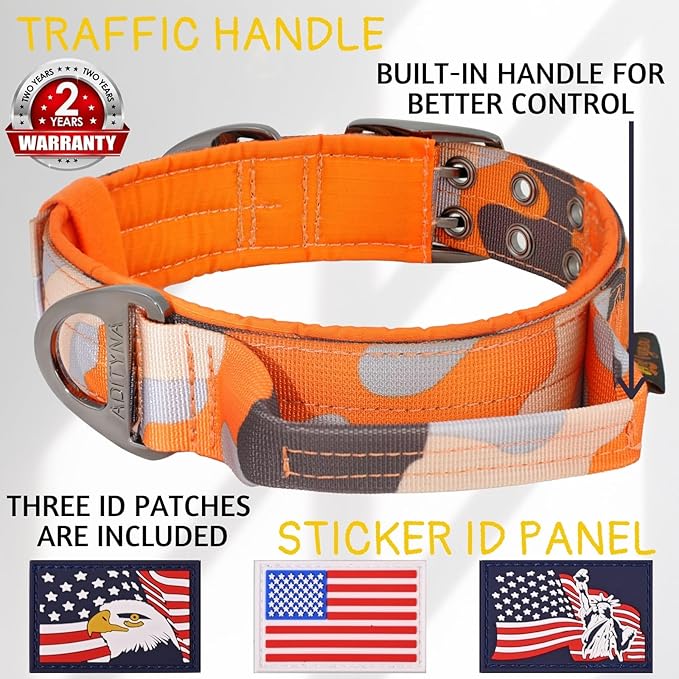 ADITYNA Heavy Duty Dog Collar for Extra-Large Dogs - Camo Orange Collar with Handle for Training, and Walking - Wide, Thick, Tactical, Soft Neoprene Padded