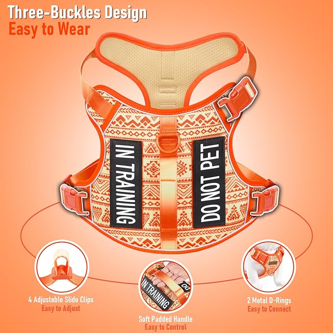 Dog Harness for X-Small Dog Breed, Light Pet Vest Harness with 2 Leash Clips and 3 Buckles, Easy to Wear, Adjustable Reflective Soft Padded, Boston Terrier, Beagle, Poodles, Orange XS