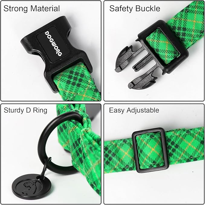 DOGWONG St. Patrick's Day Dog Collar, Green Plaid Dog Collar Soft Durable Adjustable Costume St. Patrick's Day Green Grid Puppy Collar for Small Medium Large Dog
