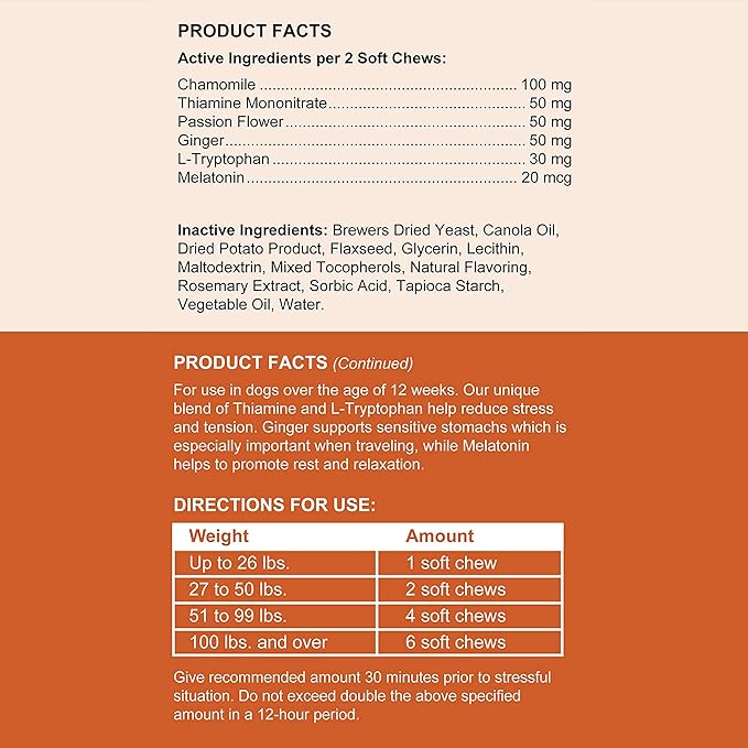 Calming Chews for Dogs - 60 Anxiety Relief Treats for Fireworks, Thunder, and Storms - Natural Dog Calming Treats for Large and Small Breeds with Thiamine, L-Tryptophan, Ginger, and Melatonin