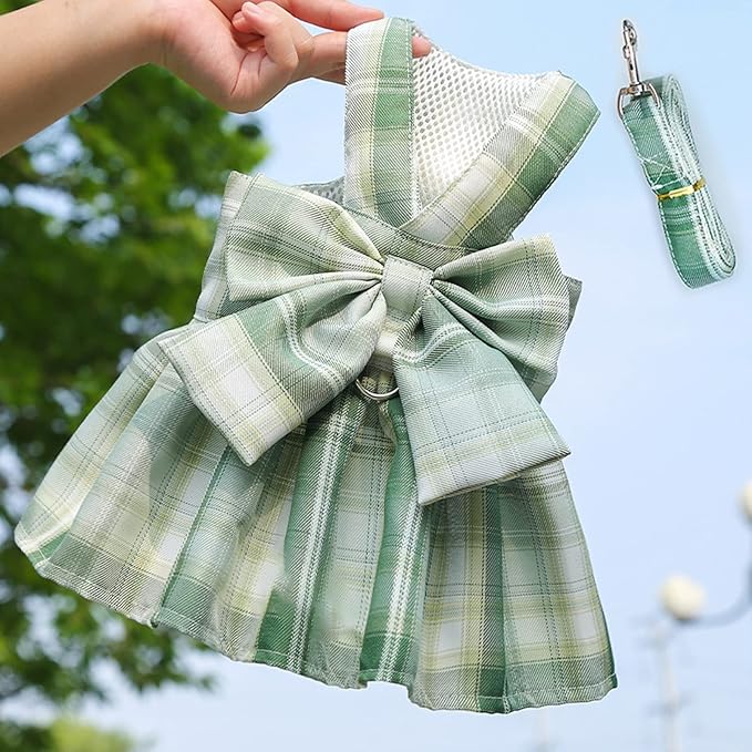 Dog Harness and Leash Set, Cute Bow Tie Plaid Harnesses for Puppy Cat, Adjustable Pet Kitties Vest, Breathable Traction Rope Boy Girl Small Animal(Skirt Green,2XL 15.4-22lbs Dog)