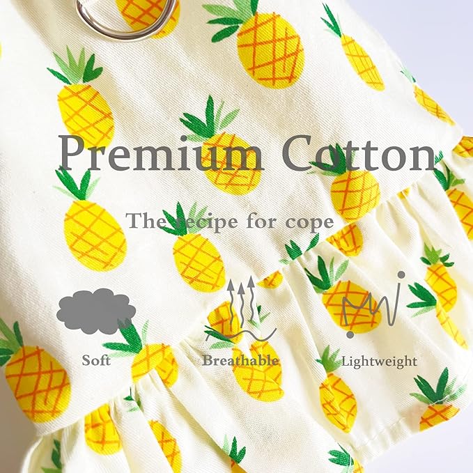 Dog Dress, XXL Fruit Print, Cotton, for Small Dogs & Cats, Princess Birthday, Harness & Leash Set, Yellow Pineapple