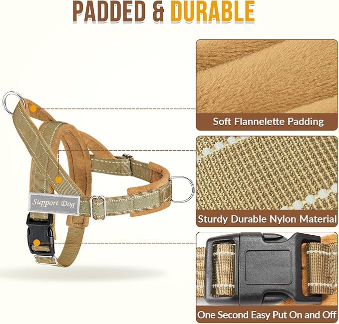 SlowTon No Pull Dog Harness - Heavy Duty Dog Harness and Leash Set for Medium Large Dogs, Reflective Tactical Harness with Soft Padded and Front Clip for Easy Walk and Training (Tan XL)