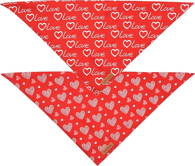 Realeaf Valentines Day Dog Bandanas 2 Pack, Reversible Love Pet Scarf for Boy and Girl, Premium Durable Fabric, Heart Bandana for Medium Large Dogs (Large)