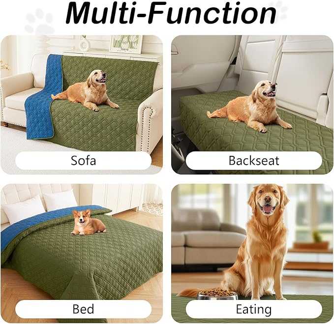 hyha Waterproof Dog Bed Blanket, Soft Pet Blankets, Waterproof Couch Cover for Dogs, Reversible Sofa Covers Washable for Furniture (82x82 Inch, Green/Navy Blue)