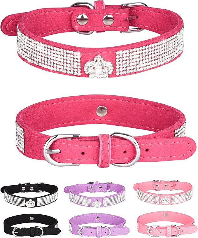 Dog Collar for Small Dogs, Adjustable Leather Suede Bling Dog Collars，Pink Dog Collar Cat Collar, Rhinestone Dog Collar (XS, Rose red3)