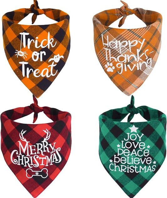 ADOGGYGO 4 Pack Plaid Holiday Dog Bandana, Halloween Thanksgivng Christmas Bandana Scarf Kerchief Christmas Thanksgivng Halloween Bandana for Small Medium Large Dogs (Large)