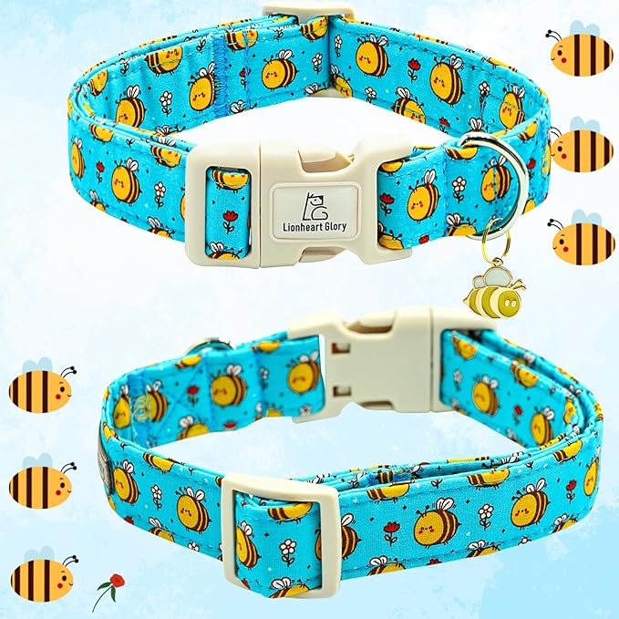 Lionheart glory Dog Collar, Bees Blue Dogs Collar Adjustable Soft Comfortable Collars for Large Dogs Girl or Boy Pet Gift Cute Spring Summer Collar