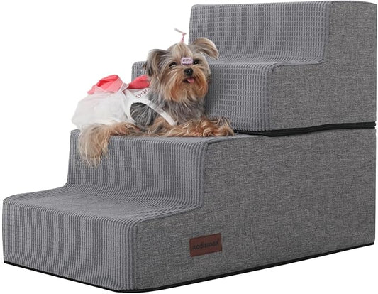 Dog Stairs for Small Dogs & Cats, 4-Step Non-Slip Pet Steps for Beds & Couches, Grey Linen, 18.5" H