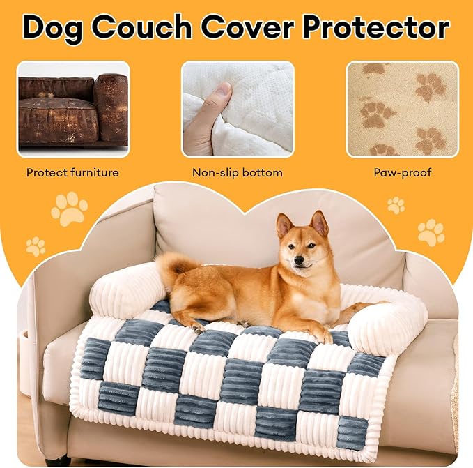 FUNNY FUZZY Couch Covers for Dogs, Pet Couch Covers for Sofa Classic Chessboard Cozy Plush Bed Mat Pet Cover for Couch Furniture Protector, Medium, Muted Grey
