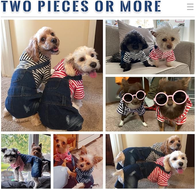 Small Dog Hoodie Clothes Cute Stripe Shirts Denim Jumpsuit One-Piece Outfit for Small Medium Dogs Cats Boy Girl Chihuahua Blue Jeans Overalls Puppy Costume (Blue,S)