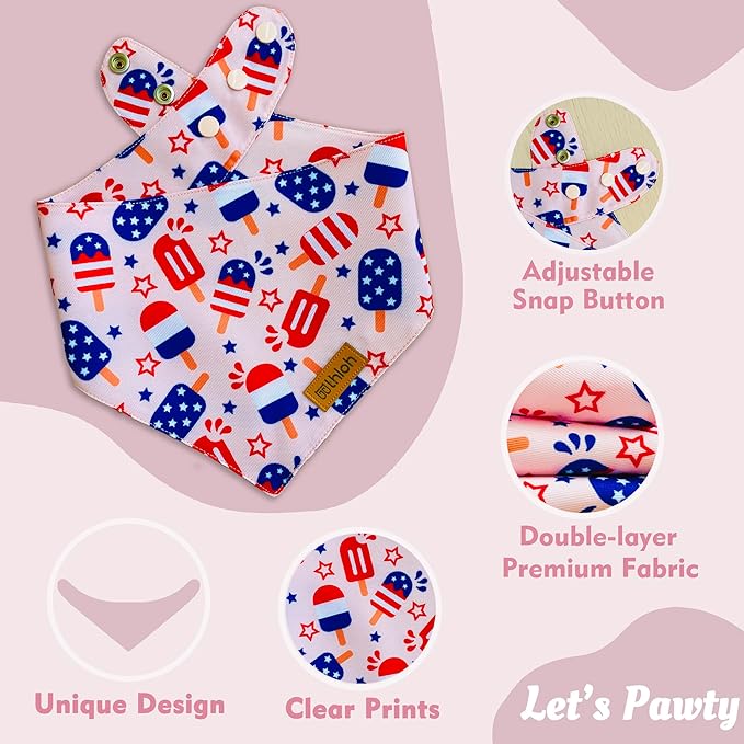 4th of July Dog Bandanas with Snap Button, 2 Pack American Flag Pet Scarf for Boy & Girl, Premium Durable Fabric, Adjustable Fit, Patriotic Bandana for Small Dogs (Small)