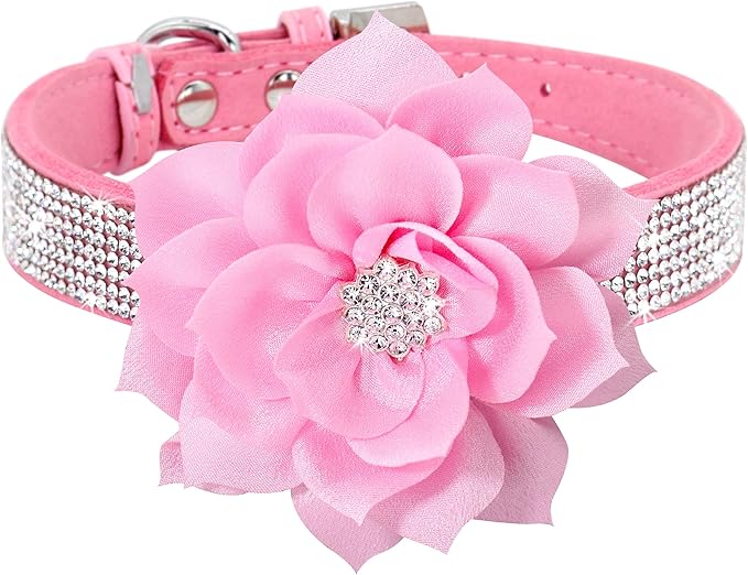 PET ARTIST Bling Rhinestone Dog Collar, Cute & Soft Suede Leather Dog Collar Girl with Flower, Sparkling Pink Pet Collars for Small Medium Female Dogs Walking Party Wedding,M
