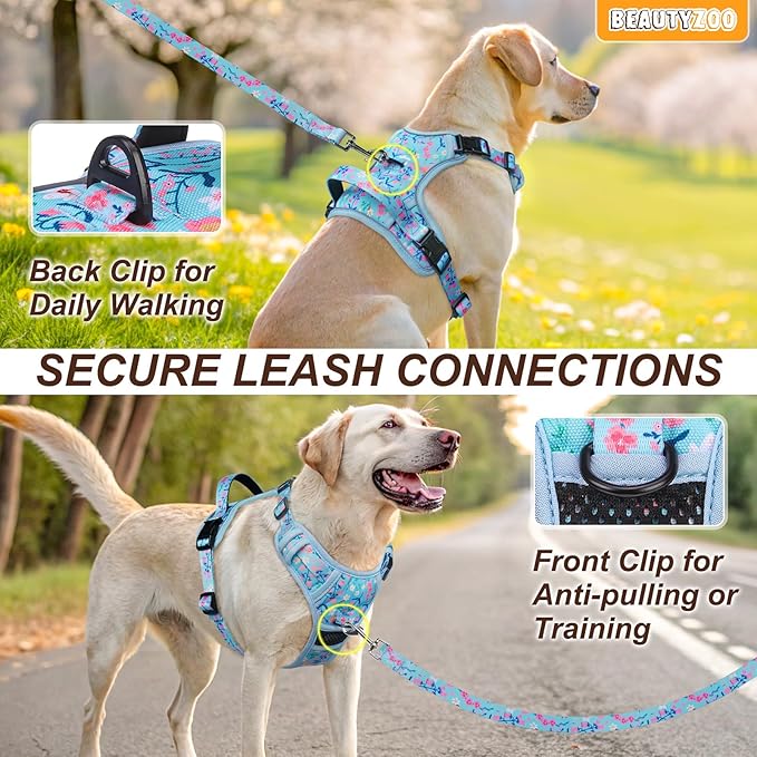 BEAUTYZOO No Pull Dog Harness Large,Adjustable Dog Harness and Leash Set -Easy Wearing with 3 Buckles/Control Handle,No Choke Soft Padded Reflective Pet Vest for Training Walking Hiking,Blue XL