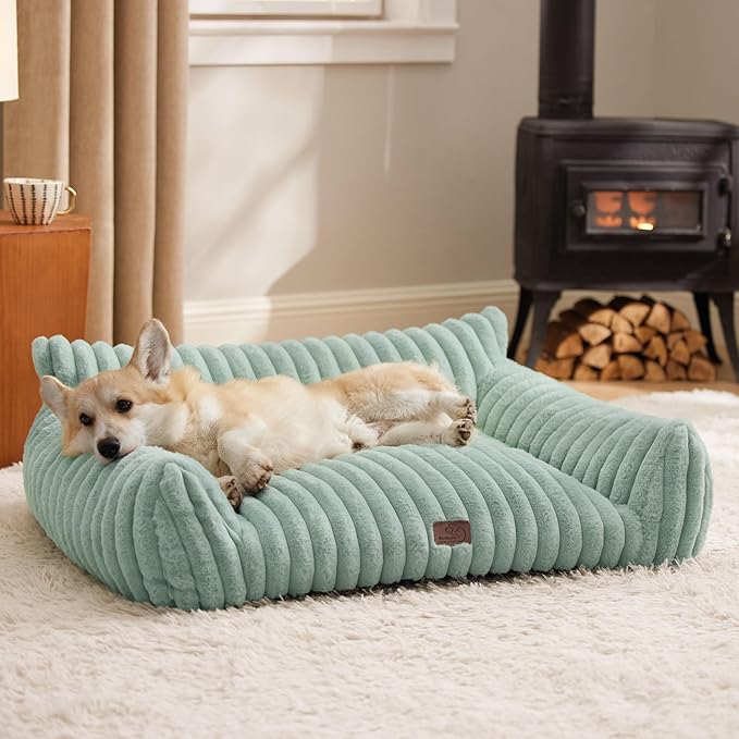 Bedsure Cute Dog Couch for Pets - Fluffy Sofa With Premium Soft Corduroy Fleece, Washable Cover, Supportive Bed for Medium Large Dogs, 36inch, Garden Green