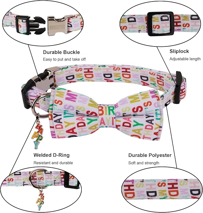 ADOGGYGO Birthday Dog Collar with Bowtie, Pet Birthday Collar with Detachable Bow, Adjustable Bowtie Collars for Small Medium Large Dogs (Large)