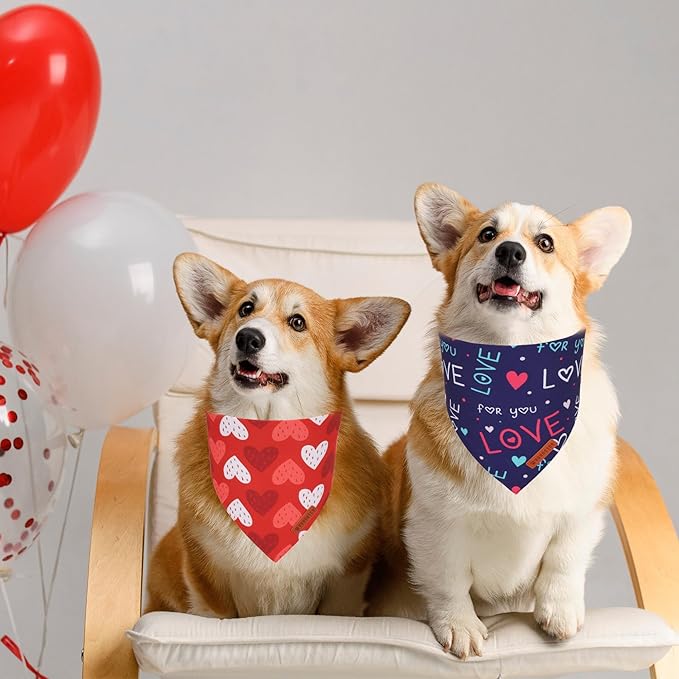 ADOGGYGO Valentine Dog Bandana, Red Blue Heart Love Pet Scarf, Adjustable Fit Pet Valentine Bandanas for Medium Large Dogs (Large)
