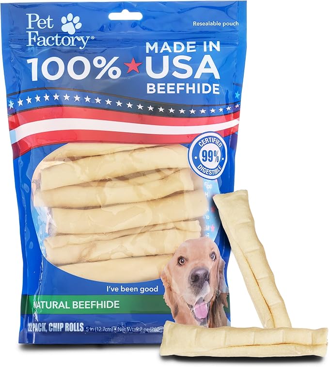 Pet Factory 100% Made in USA Beefhide 5" Chip Rolls Dog Chew Treats - Natural Flavor, 22 Count/1 Pack
