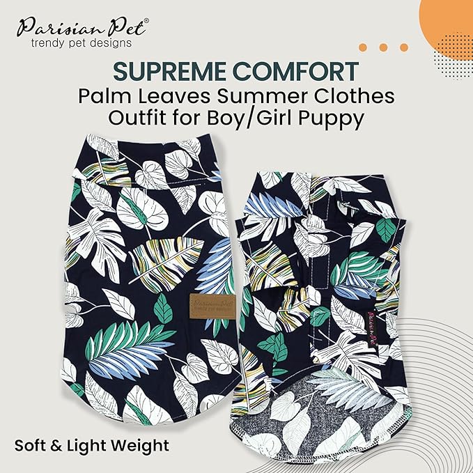Parisian Pet Palm Leaves Dog Shirt - 100%Cotton Summer Clothes - Stylish Beach Outfit - Hook and Loop Closure - Machine Washable - Small Dogs