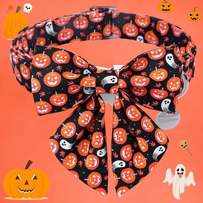 DOGWONG Fall Dog Collar with Bowtie - Fall Dog Collar Soft Cotton Autumn Dogs Necklace - Halloween Puppy Necklace for Small Medium Large Dogs